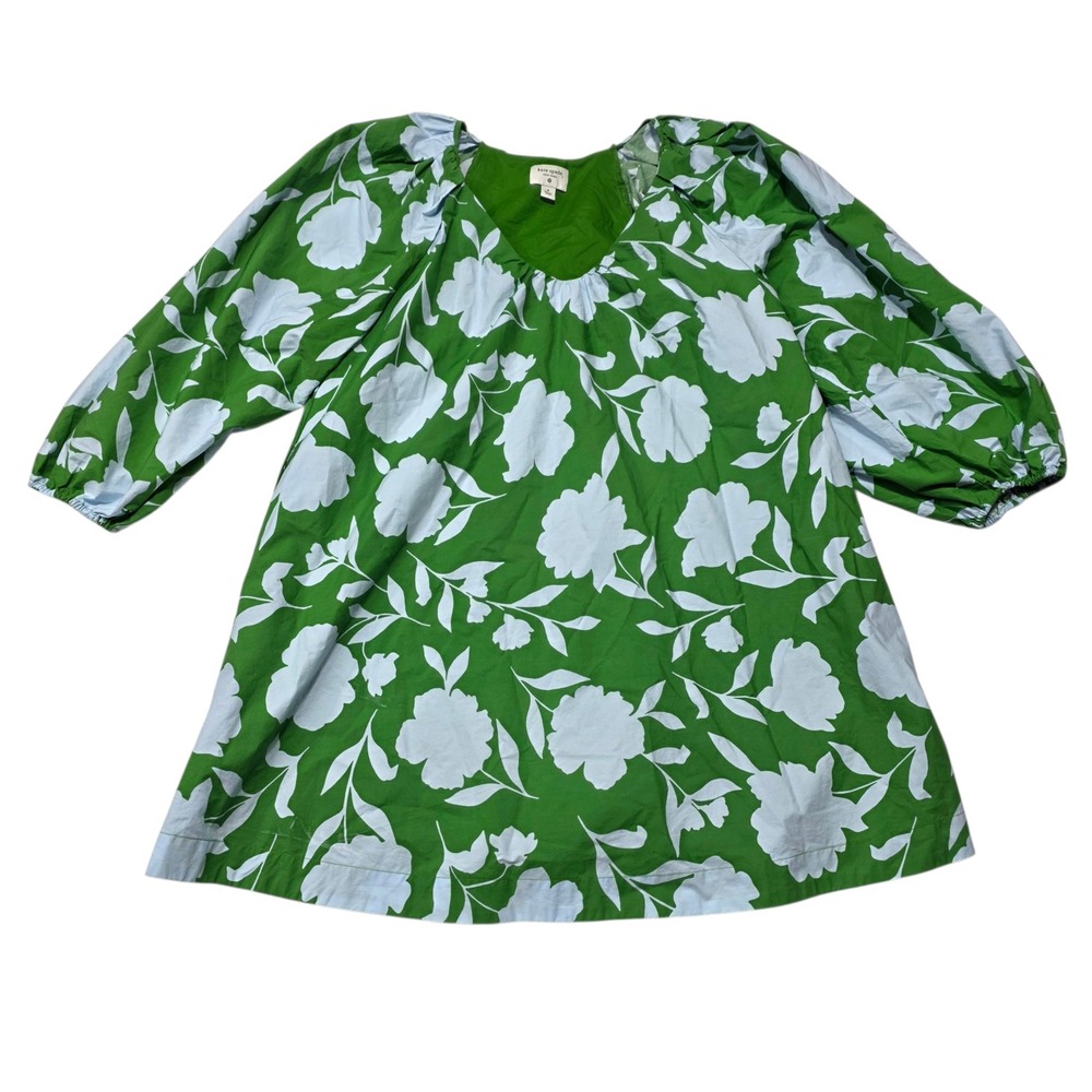 Kate Spade Mini Dress Women M Green Floral Cotton Puff Sleeve V-Neck 6812